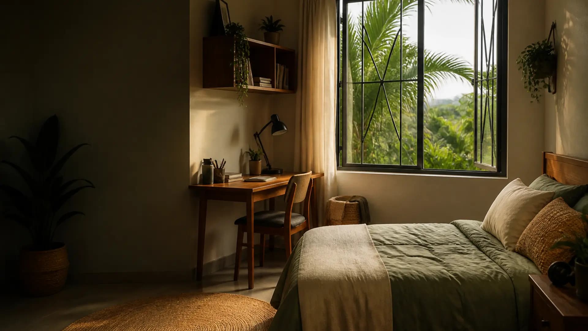 A bright student room with a study desk and garden view