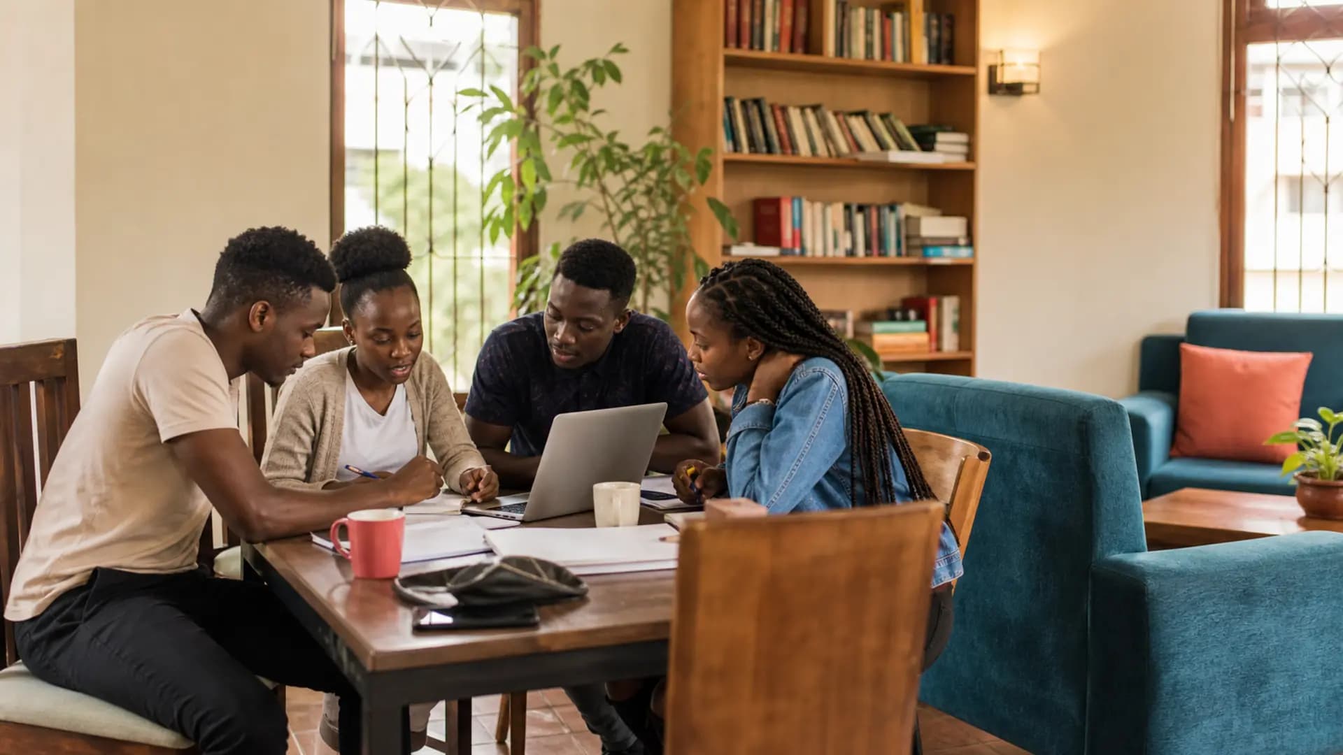 Students studying together in a hostel lounge