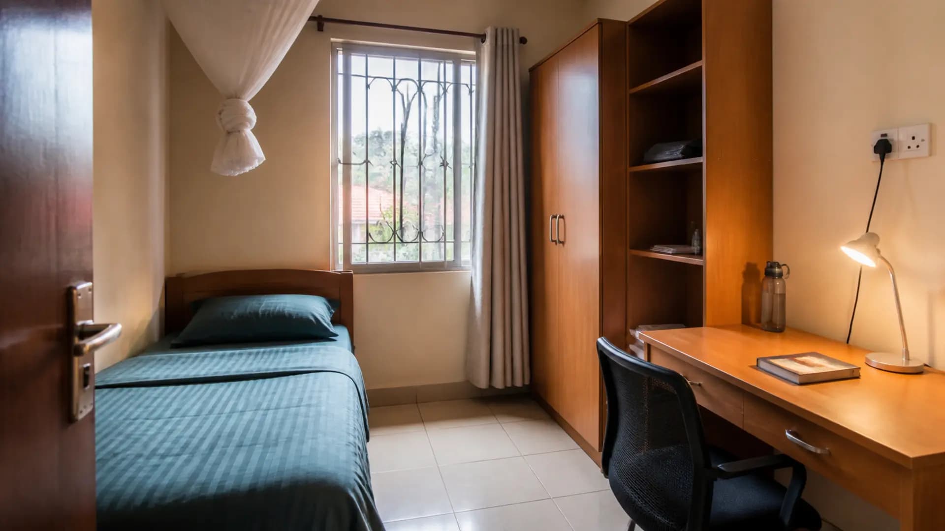 A furnished student hostel room in Kampala